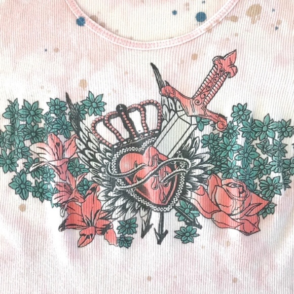 Express Pink Tie Dye Sword Heart Crown Floral Tank Top - Picture 4 of 9